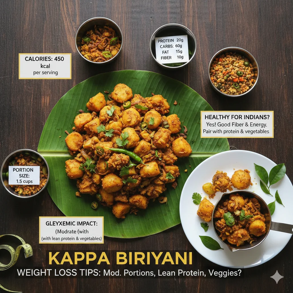 Kappa biriyani calories showing a serving of tapioca biriyani cooked with spices and coconut oil