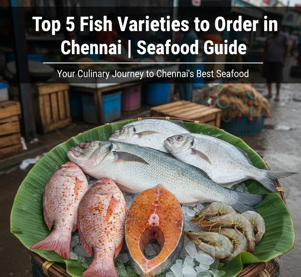 A vibrant assortment of fresh fish on a banana leaf featuring the Top 5 Fish Varieties to Order in Chennai Seafood Guide.