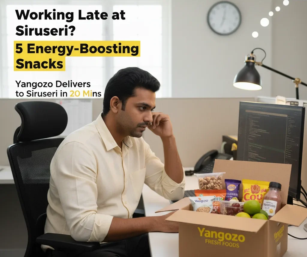 A professional working late at a desk in Siruseri, Chennai, receiving a delivery of 5 energy-boosting healthy snacks from Yangozo.