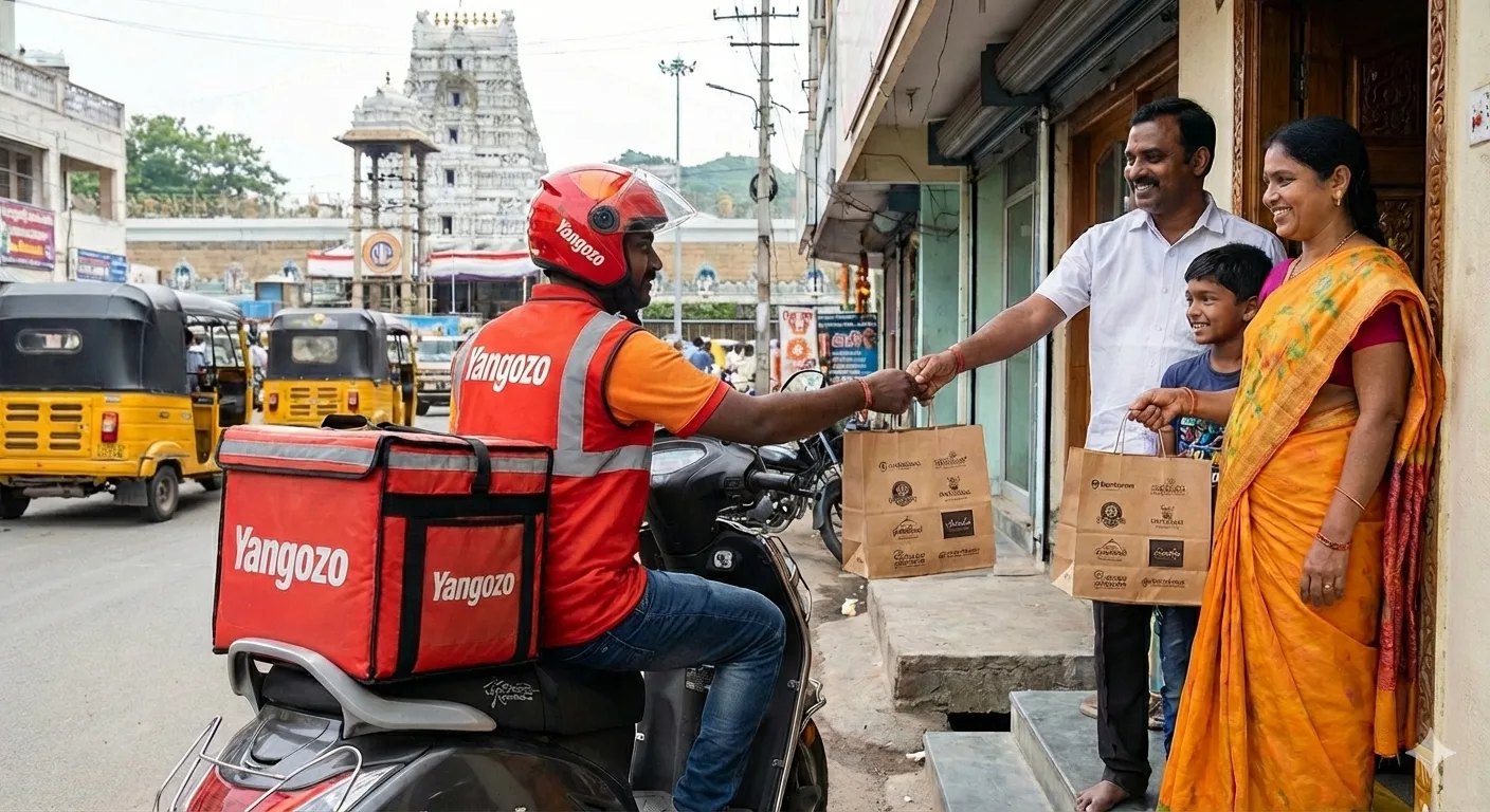 A Yangozo delivery partner in a red branded uniform handing over bags of fresh food to a smiling family at their doorstep, with a scenic view of a Tirupati temple in the background.