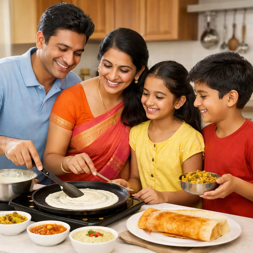 Happy Indian family making dosa at home using fresh batter from immediate dosa batter delivery service in Chennai
