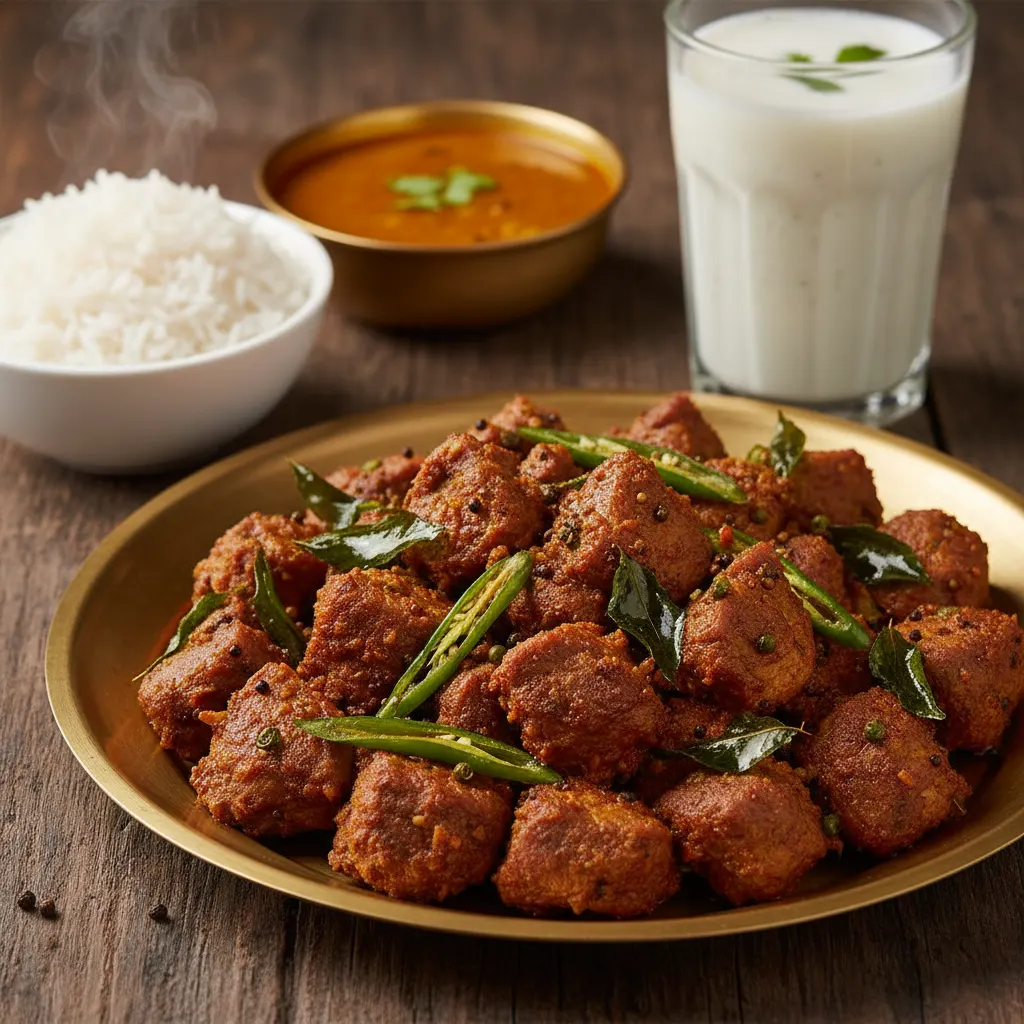 Mutton Fry Andhra Style Online Order in Chennai - A plate of spicy Andhra-style mutton fry garnished with curry leaves and green chilies.