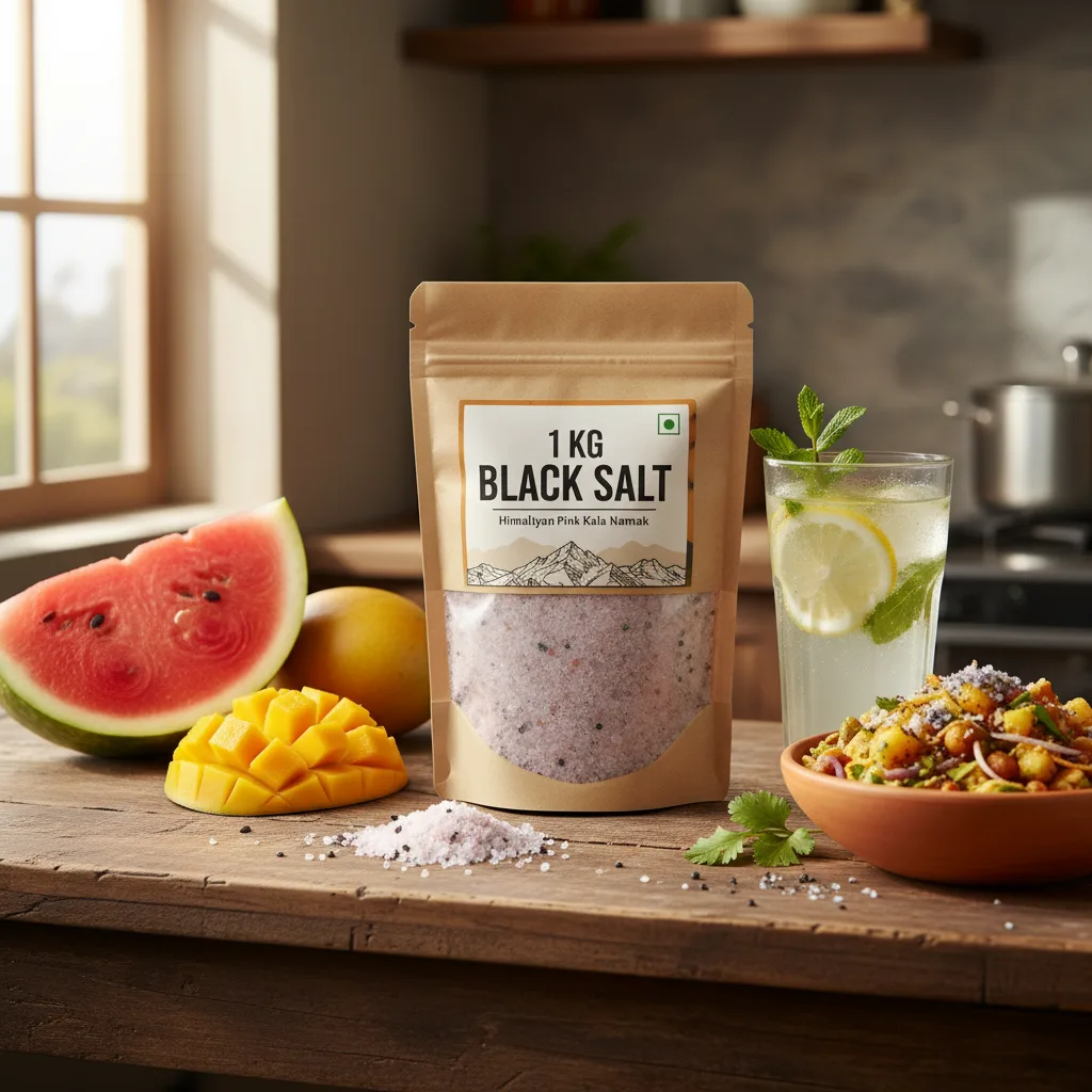 A 1 kg pack of black salt with a pinkish-grey hue, placed on a wooden kitchen counter surrounded by fresh fruits, a glass of lemonade, and a bowl of chaat, emphasizing its culinary uses.