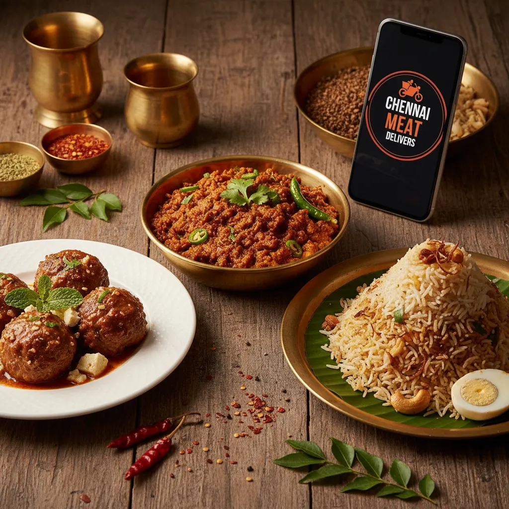 A vibrant spread of goat mince dishes including keema masala, meatballs, and biryani, emphasizing fresh and high-quality goat mince delivery in Chennai.
