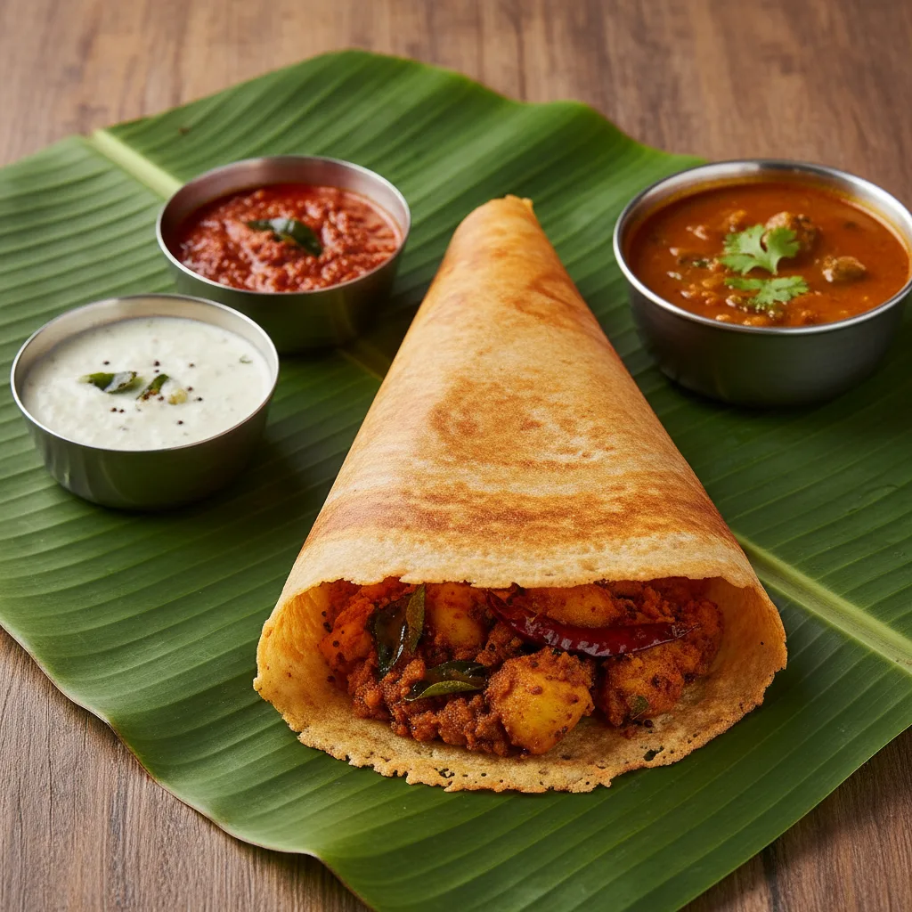 A golden brown, crispy Masal Dosa Chettinad served on a banana leaf with spicy potato masala filling, accompanied by coconut chutney, red chili chutney, and a bowl of sambar.