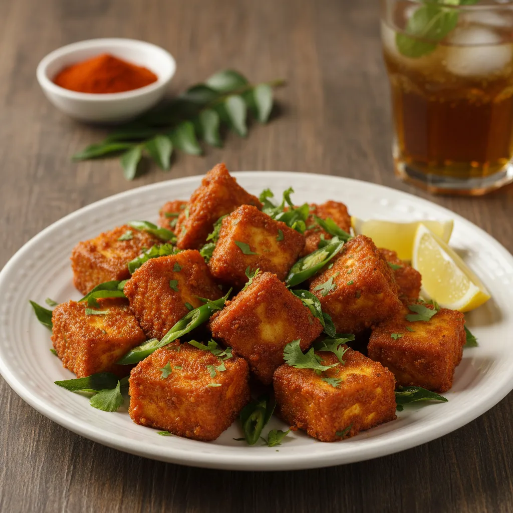 Crispy Paneer 65 garnished with curry leaves, green chilies, and lemon wedges on a stylish white plate.