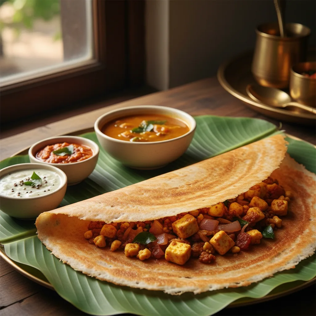 A delicious paneer dosa on a banana leaf with sambar, coconut chutney, and tomato chutney, illustrating a typical meal you get for the paneer dosa price in Chennai and Navalur.
