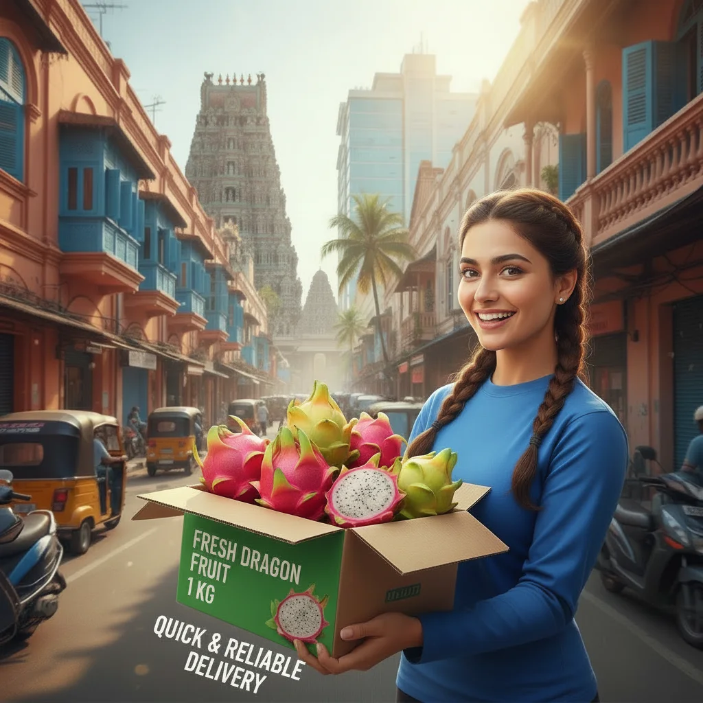 Courier delivering a box of fresh dragon fruit 1 kg in Chennai, showcasing quick and reliable delivery services by Yangozo.
