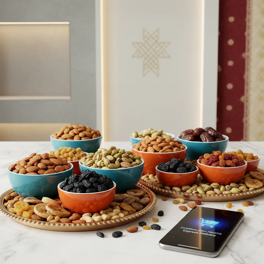 A premium assortment of dry fruits including almonds, cashews, pistachios, raisins, and dates, symbolizing the Best dry fruits shop in Chennai, elegantly displayed in traditional brass bowls with a touch of Chennai's cultural charm.