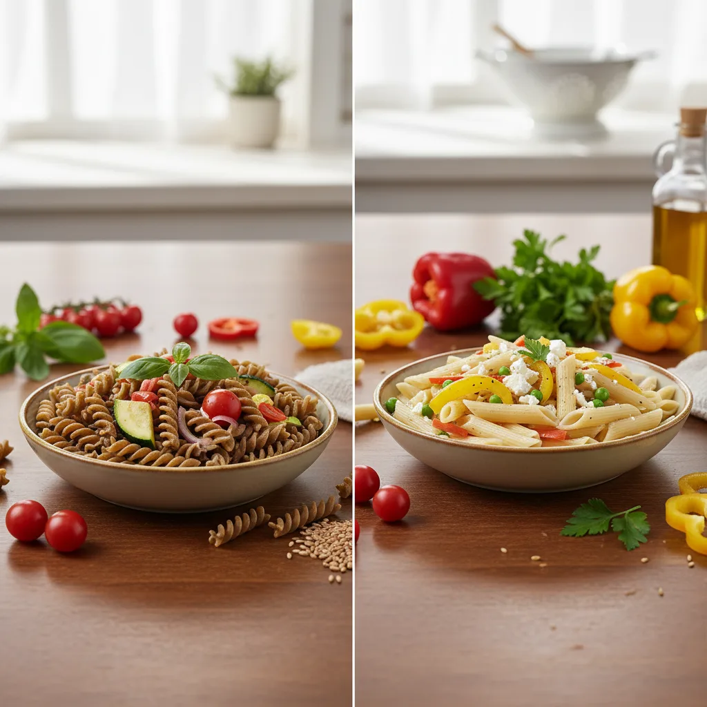 Comparison of ragi pasta and wheat pasta with fresh vegetables, highlighting health benefits.