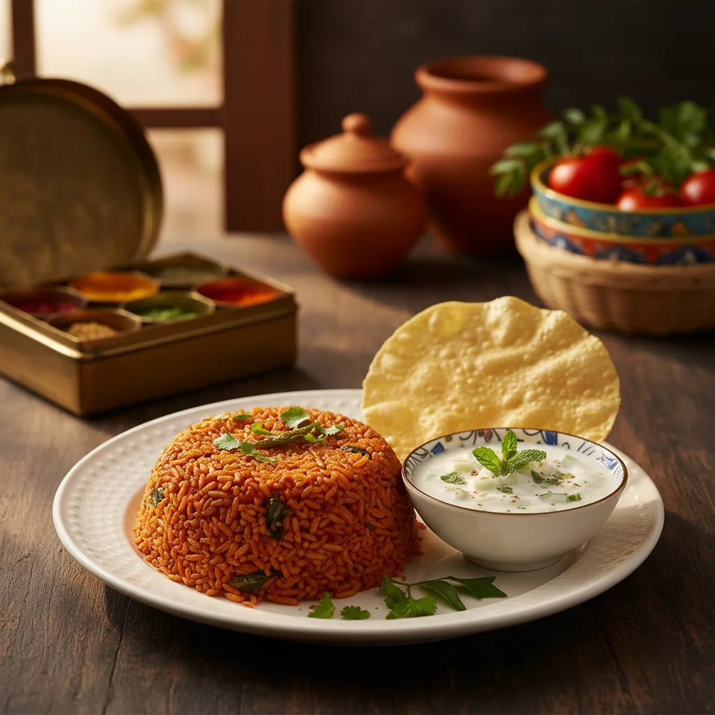 A vibrant plate of tomato rice garnished with fresh cilantro, served with crispy papad, showcasing the perfect option for a tomato rice online order.