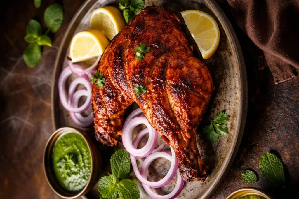 Tandoori Chicken Half served on a rustic plate with onion rings, lemon wedges, and green chutney