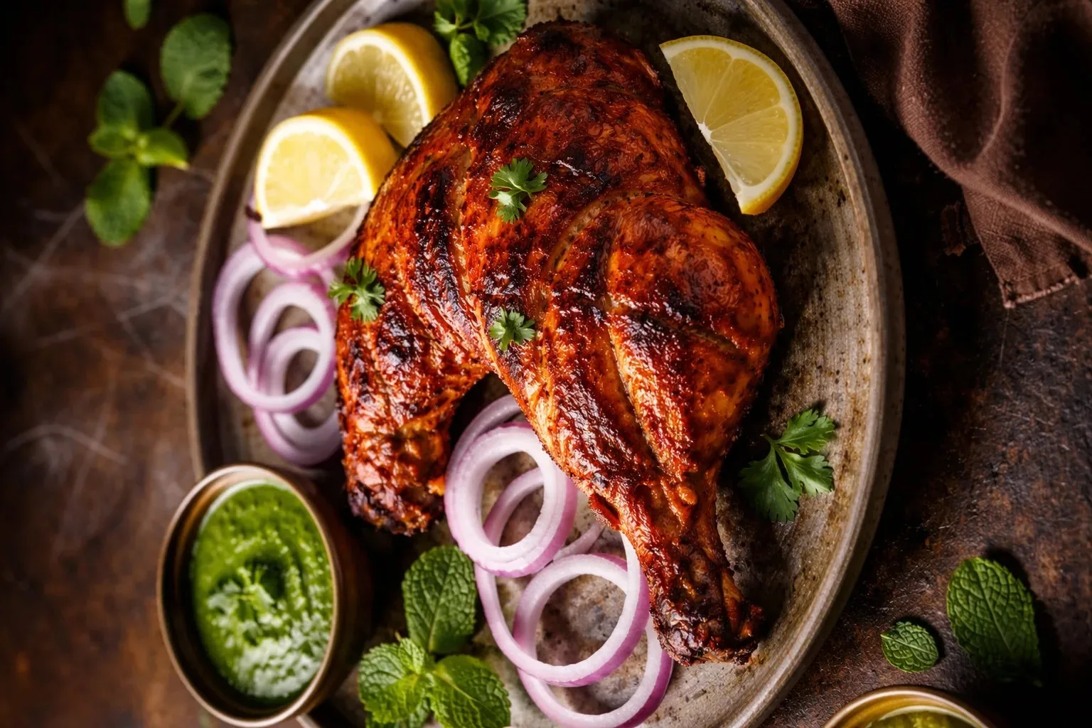 Tandoori Chicken Half served on a rustic plate with onion rings, lemon wedges, and green chutney