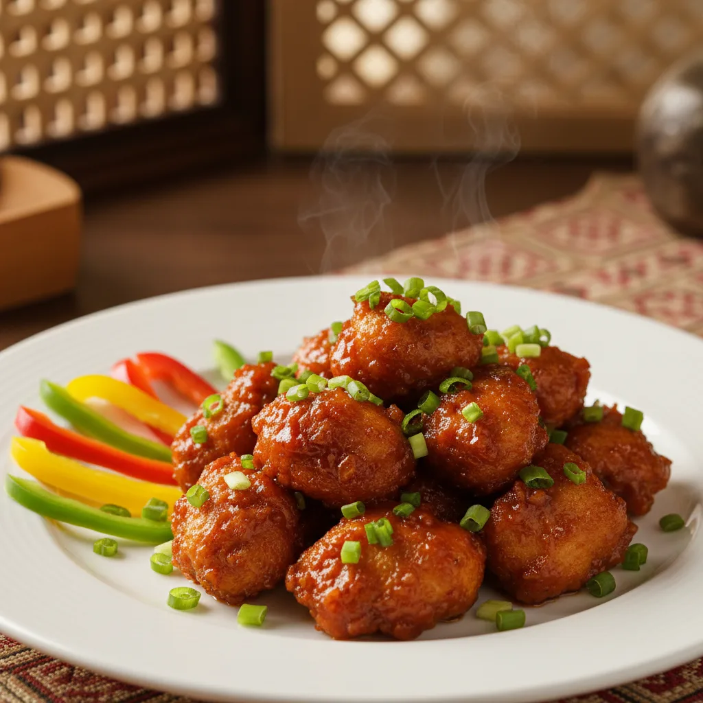 A plate of chicken manchurian dry garnished with fresh green onions and colorful bell peppers, served in a cozy dining setting.