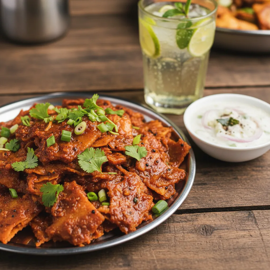 A hyper-realistic image of chilli parotta, featuring crispy parotta pieces coated in a glossy, spicy red sauce, garnished with fresh coriander leaves and spring onions, served on a traditional Indian steel plate with sides of onion raita and lime soda.
