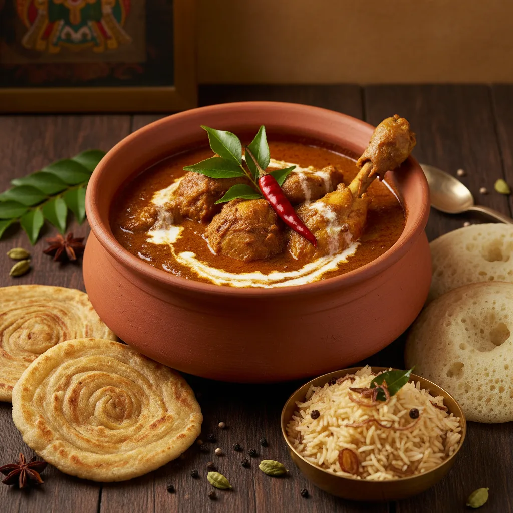 A traditional Malabar Chicken Curry served in a terracotta pot, garnished with curry leaves and red chilies, accompanied by Malabar Parotta, Appam, and ghee rice on a rustic wooden table.