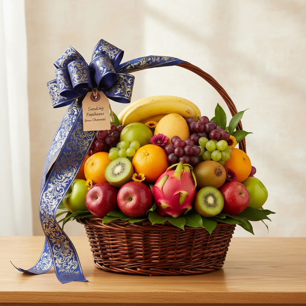 A beautifully wrapped fruit basket filled with fresh fruits, perfect for gifting and available to buy online in Chennai.