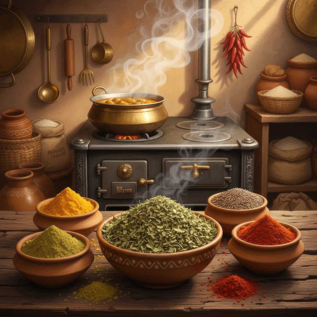 A traditional Indian kitchen scene featuring kasuri methi in a terracotta bowl, surrounded by vibrant spices and a steaming pot on the stove.