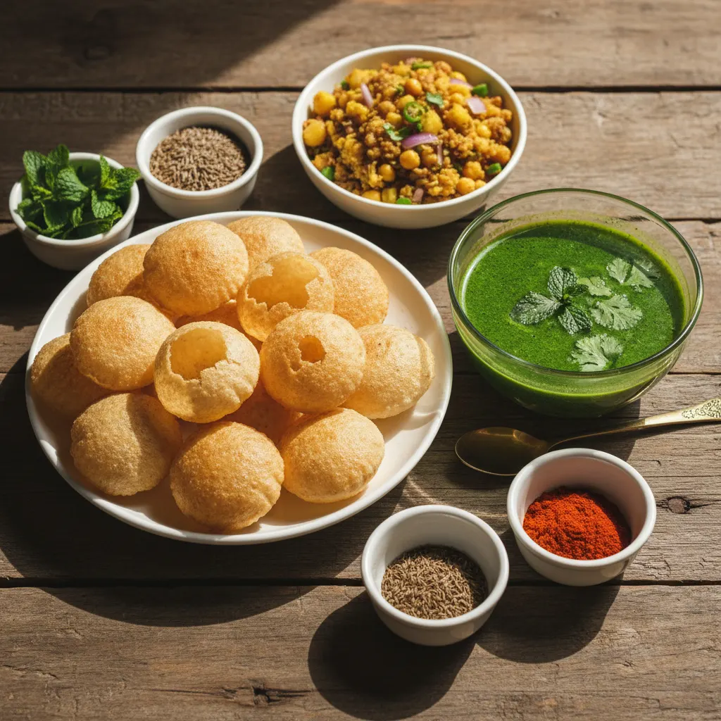 A neat presentation of panipuri with spiced water, potato filling, and panipuri masala on a rustic wooden table.