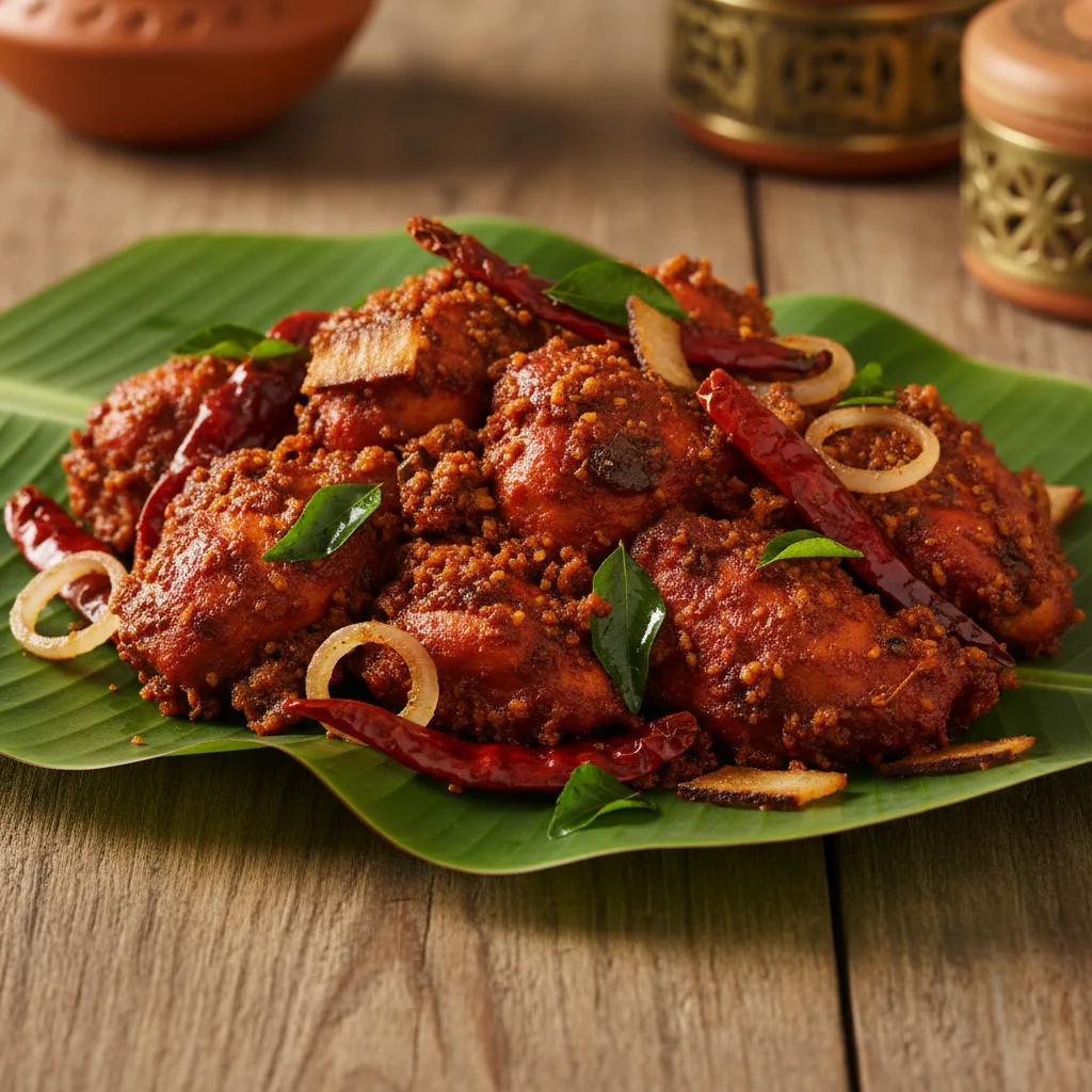 A vibrant and appetizing image of Pallipalayam chicken served on a traditional banana leaf, garnished with curry leaves, dry red chilies, shallots, and coconut pieces, placed on a rustic wooden table.