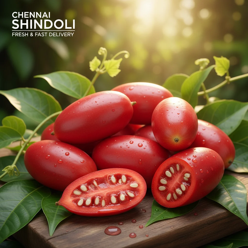 Realistic depiction of ripe Shindoli fruit with vibrant red skin and juicy interior, placed on a rustic wooden surface surrounded by tropical greenery.