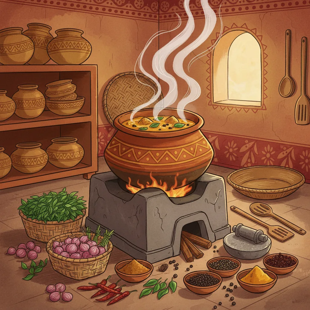 Traditional South Indian kitchen scene with country chicken curry cooking on a stove, surrounded by fresh ingredients like curry leaves and spices.