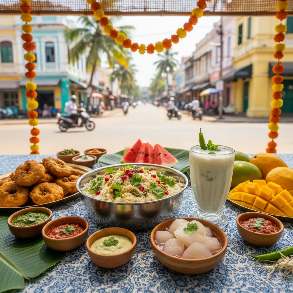 A vibrant summer food spread featuring South Indian dishes like Thayir Sadam (Curd Rice), Neer Mor (Spiced Buttermilk), and Nungu (Ice Apple), along with fresh fruits like watermelon and mangoes, set against a Chennai-inspired backdrop.