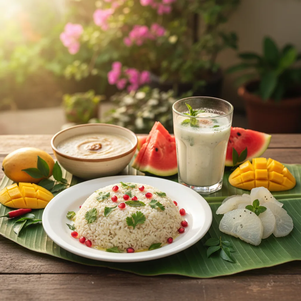 A vibrant spread of summer season food featuring traditional South Indian dishes like curd rice, spiced buttermilk, ice apple, and millet porridge, surrounded by fresh fruits like watermelon and mangoes.