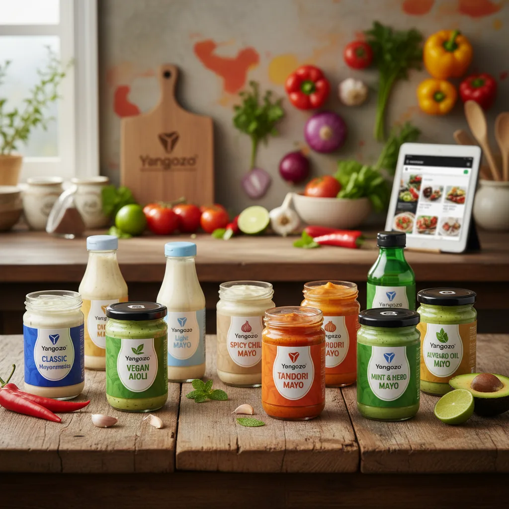 A vibrant display of various types of mayonnaise jars, including classic, light, vegan, flavored, and avocado oil options, arranged on a wooden kitchen counter.