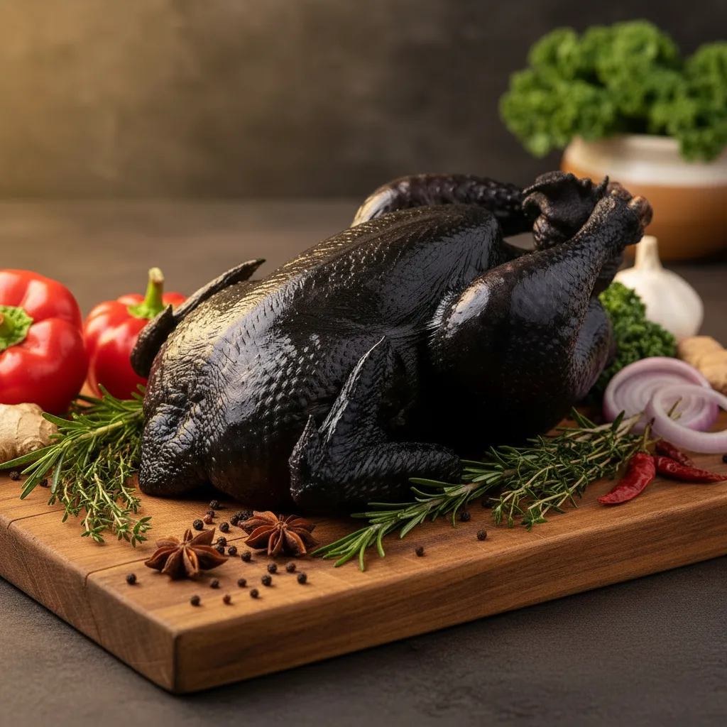 Full black chicken meat displayed whole on a wooden cutting board surrounded by fresh herbs, spices, and vegetables, showcasing its unique black color and premium quality