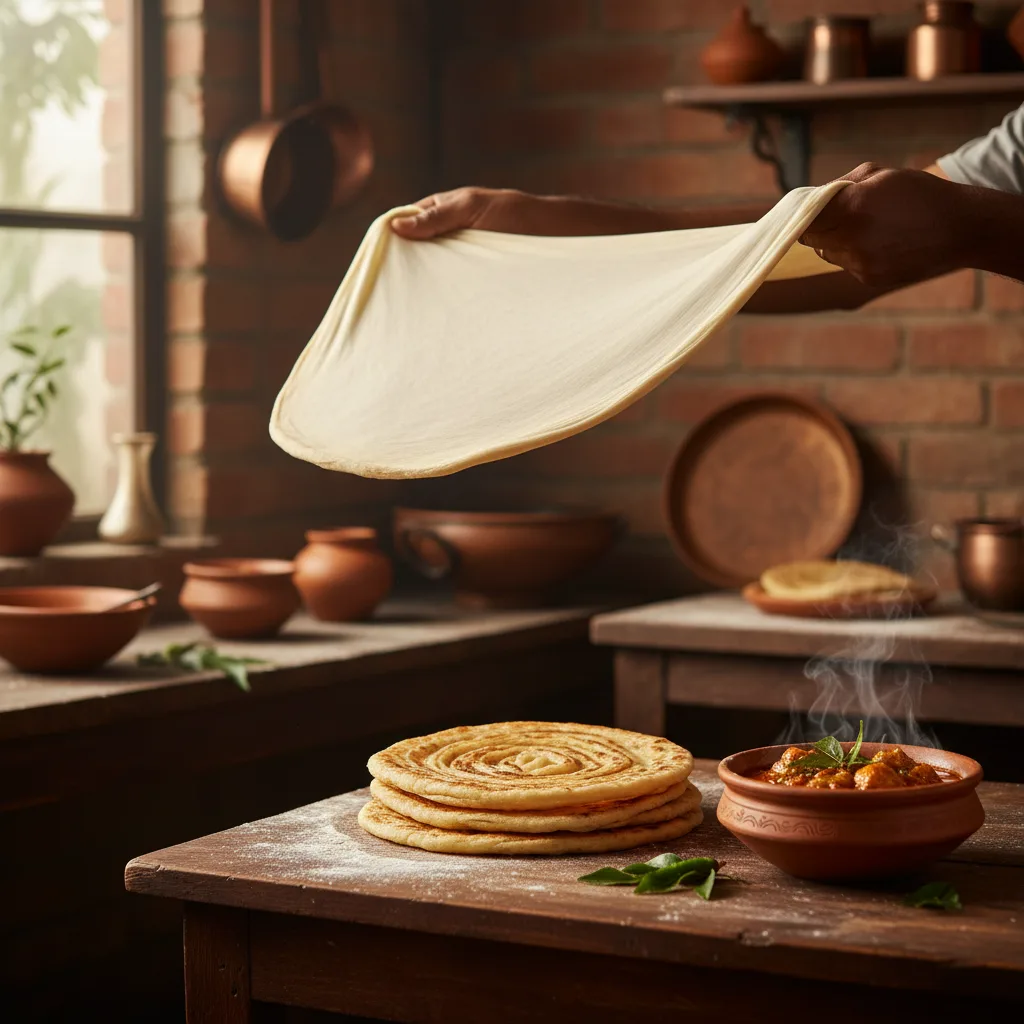 A skilled chef preparing traditional South Indian Veechu Parotta by stretching dough into a thin sheet, with golden-brown parottas and spicy chicken salna in the background.